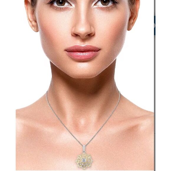 CZ Cluster Pendant Necklace 20 Inches in Vermeil Yellow Gold & Platinum Over Ste - Picture 5 of 5